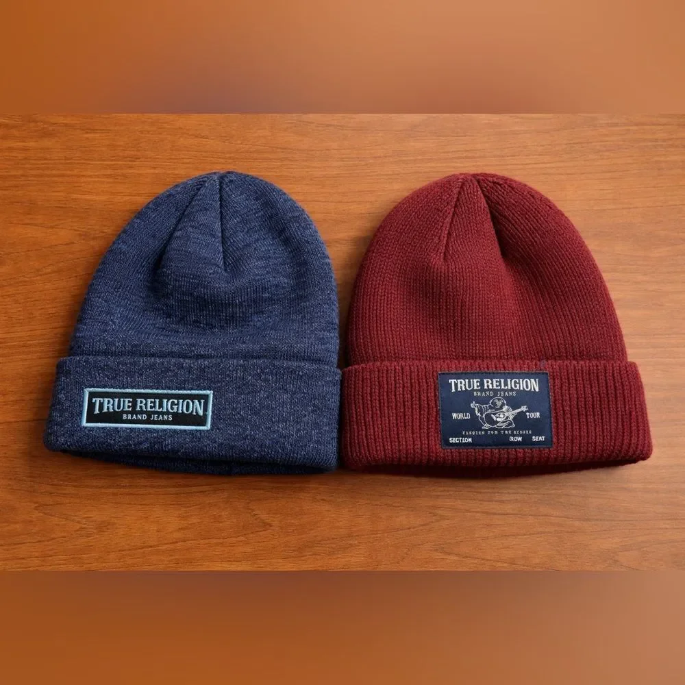 True Religion Beanie Hat 2-Pack Navy Blue Burgundy One Size New With Tags